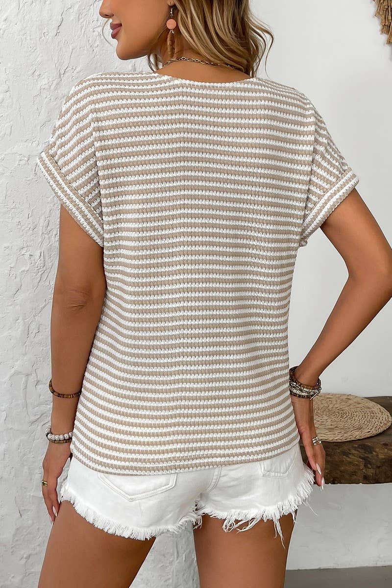 CWTTS1356_MER WOMEN'S KNITTED V-NECK SHORT SLEEVES