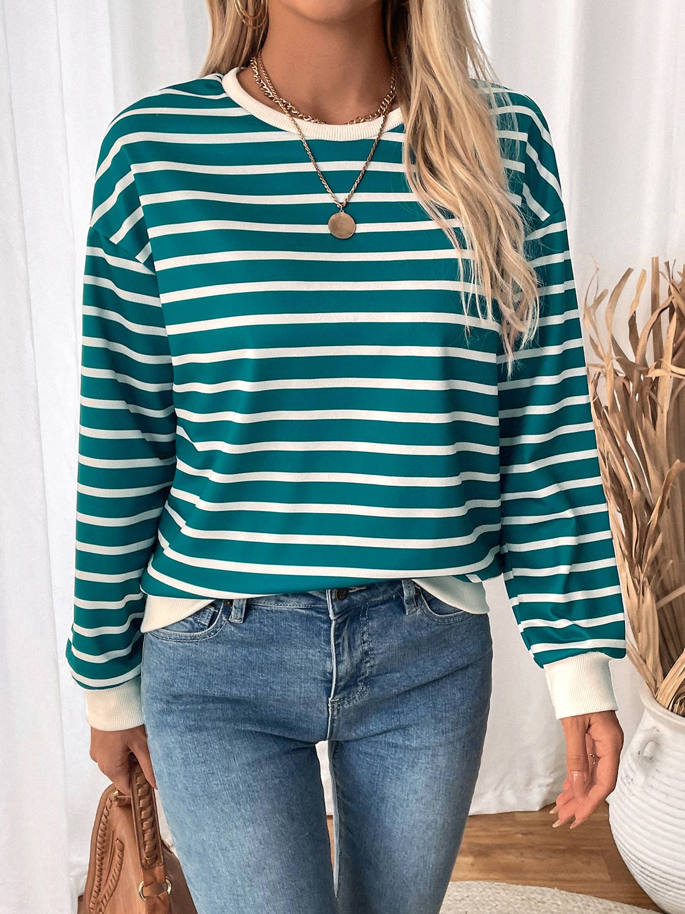 CASUAL TOP CREW-NECK STRIPED LONG-SLEEVED T-SHIRT