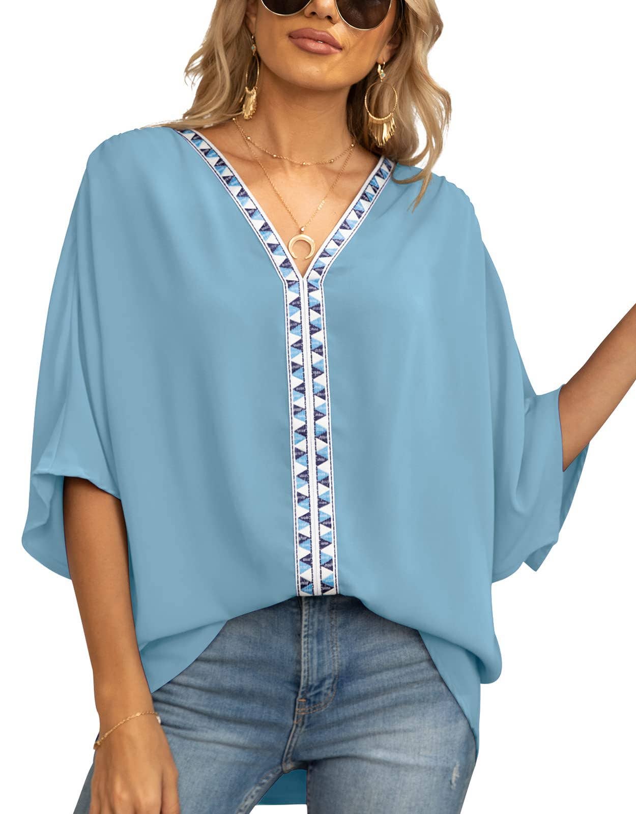 BAT-SLEEVED CHIFFON V-NECK SHORT-SLEEVED SHIRT