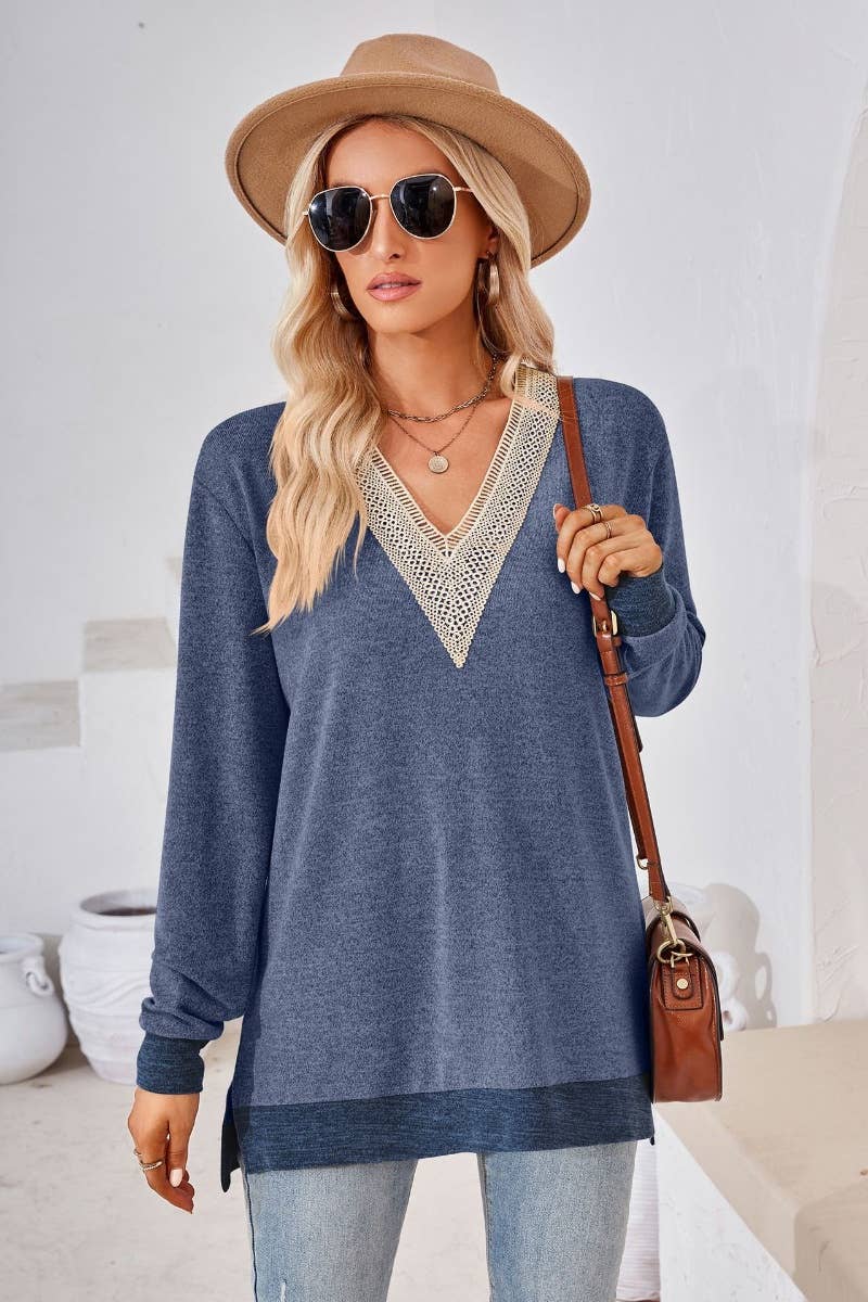 CWTBLL2691_FALL V-NECK LACE PATCHWORK LONG-SLEEVED TOP