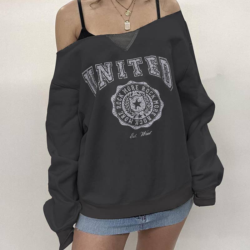 DARK PRINT LOOSE LARGE ROUND NECK PULLOVER HOODIE