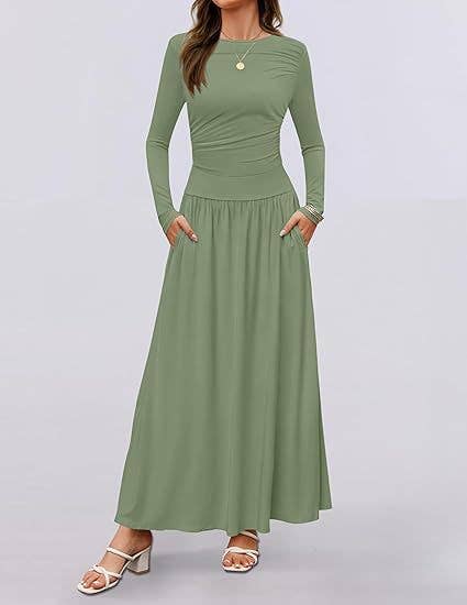 CREW NECK PLEATED POCKET SLIM LONG-SLEEVE DRESS