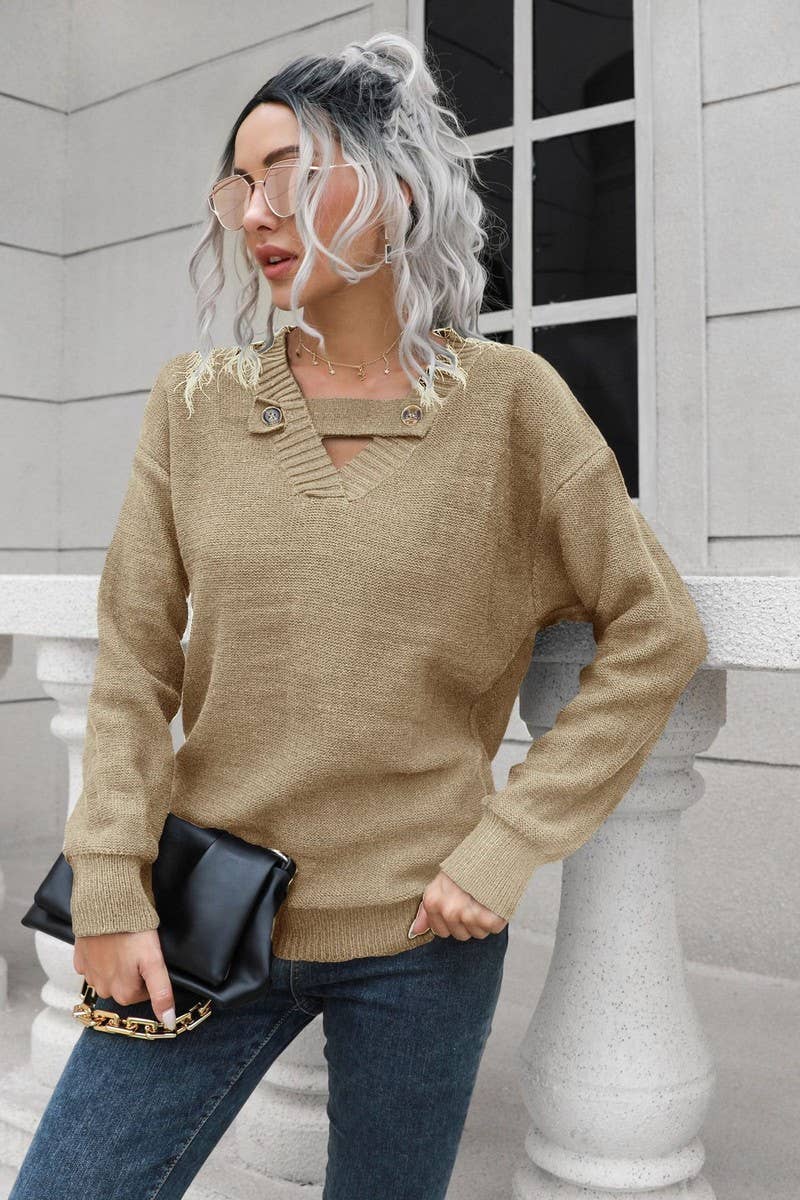 CWOSWL4149_V-NECK BUTTON LOOSE PULLOVER KNIT SWEATER