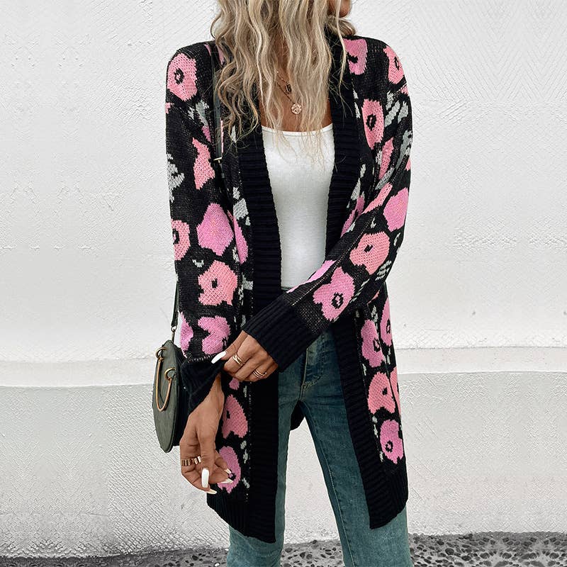 Contrast color flower jacquard long cardigan