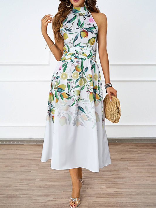 FASHION HALTER PRINT WAIST SLIMMING DRESS