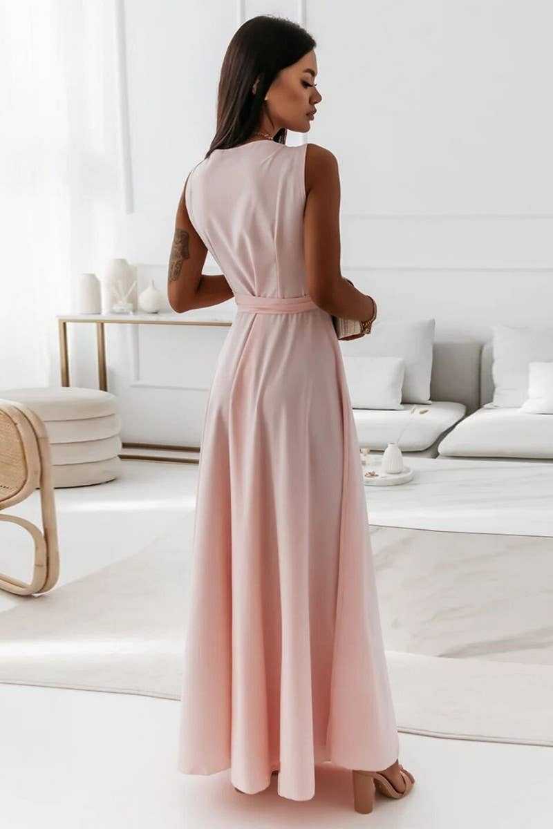 CWDMD6334_TIE WAIST V-NECK EVENING LONG GOWN DRESS