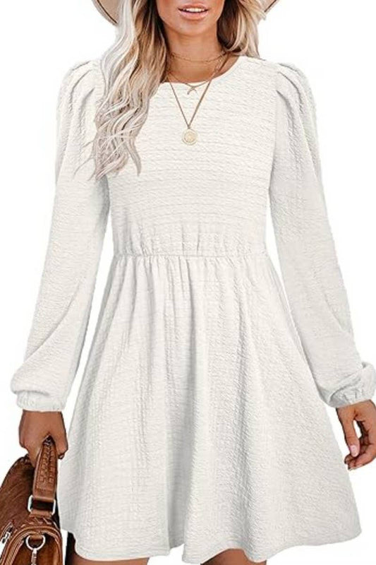 CWDSD10646_PUFF SLEEVE ROUND NECK HIGH WAIST DRESS