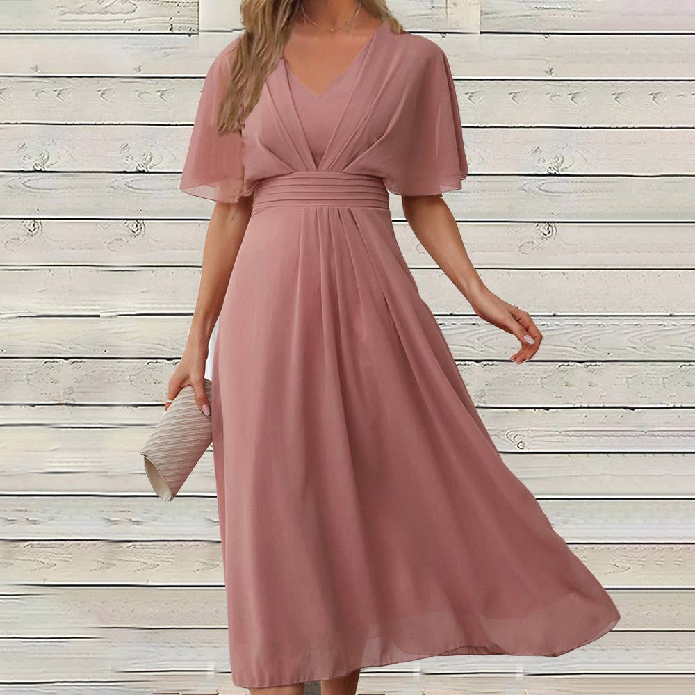 CHIFFON V-NECK SHORT-SLEEVED SWING DRESS