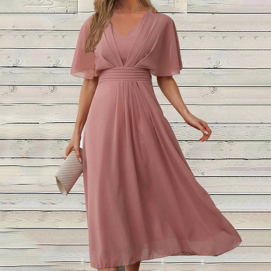 CHIFFON V-NECK SHORT-SLEEVED SWING DRESS