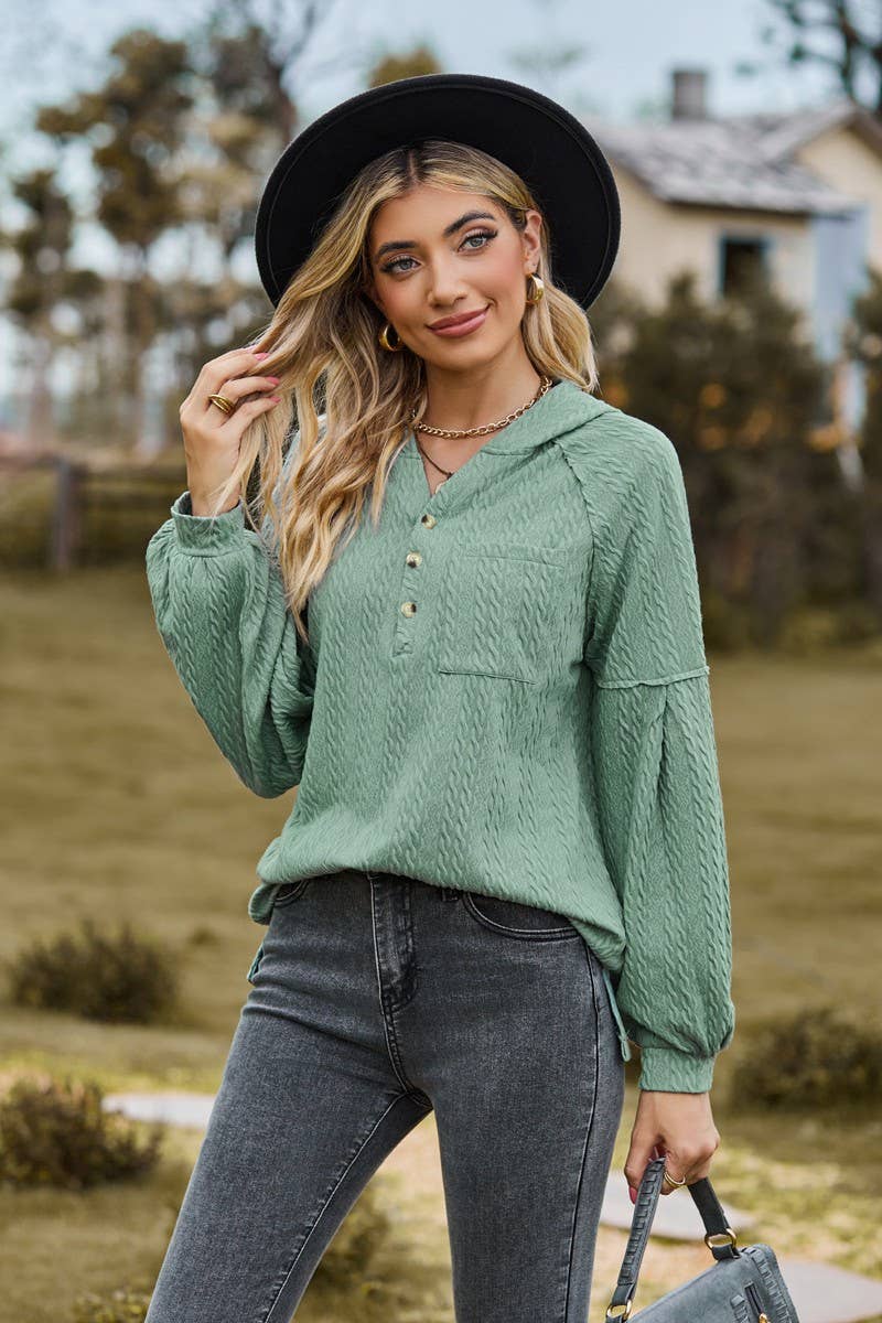 CWOHOL0738_BALLOON SLEEVE HOODED BUTTON LOOSE SWEATSHIRT