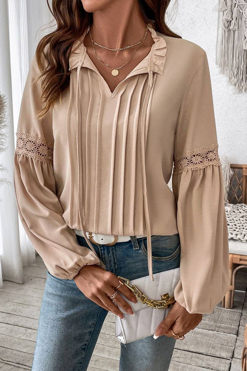 CWTBLL00727_LACE V NECK LONG SLEEVE SOLID PLEATED BLOUSE