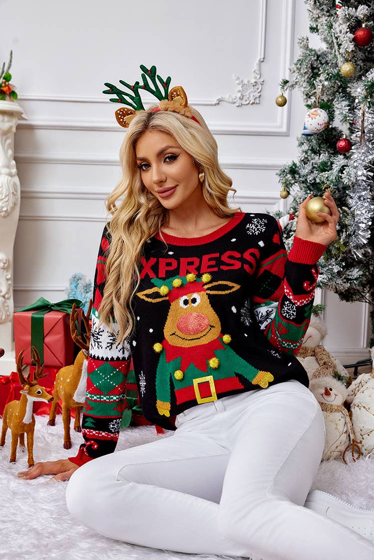 Christmas sweater embroidered crew neck sweater