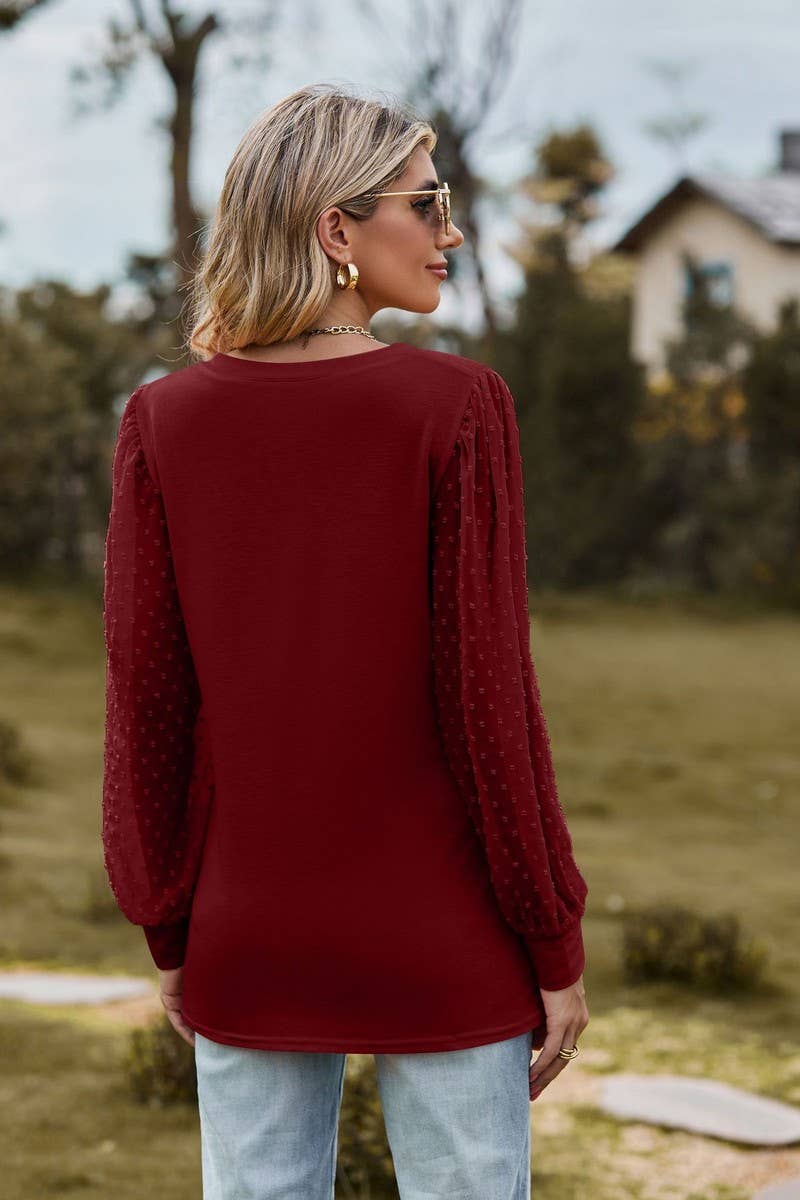 CWTBLL1047_LONG-SLEEVED V-NECK MESH PATCHWORK LOOSE TOP