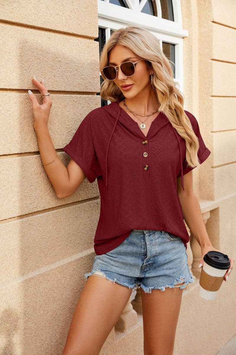 CWOHOS0015_Button Neck Short Sleeve Hoodi Knit Top