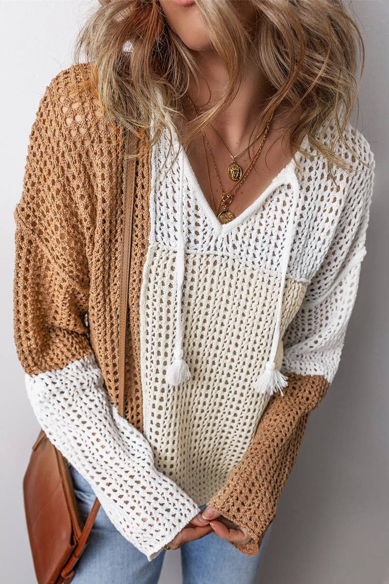 CWOSWL07429_V NECK COLORBLOCK HOLLOW OUT KNIT SWEATER