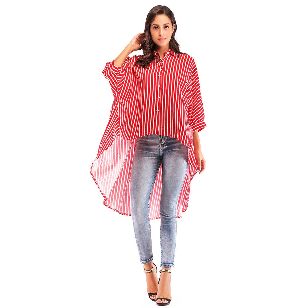 BAT-SLEEVED LOOSE DOVETAIL TREND STRIPED SHIRT
