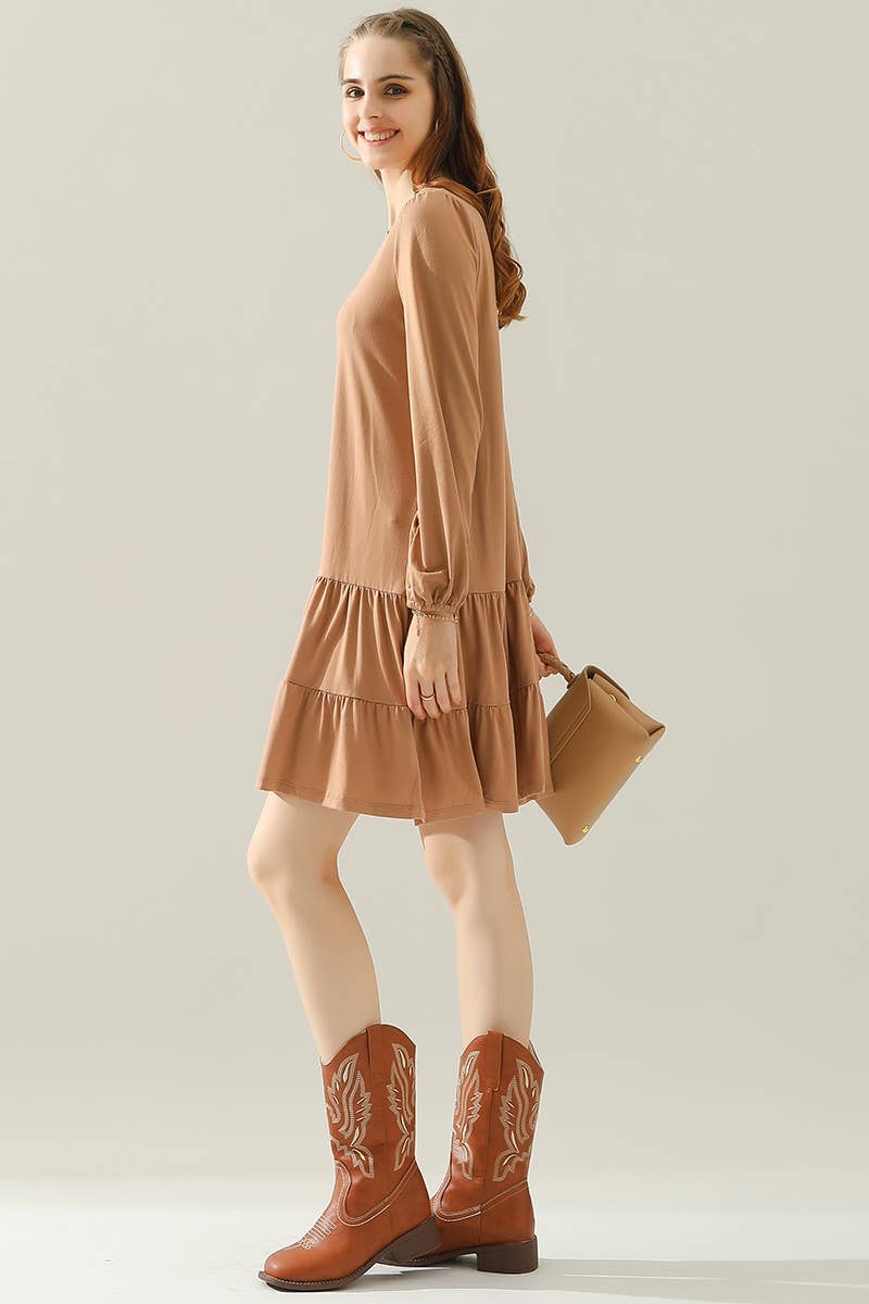 CWDSD10411_SHRRING LAYERED HEM DRESS WITH LONG SLEEVE