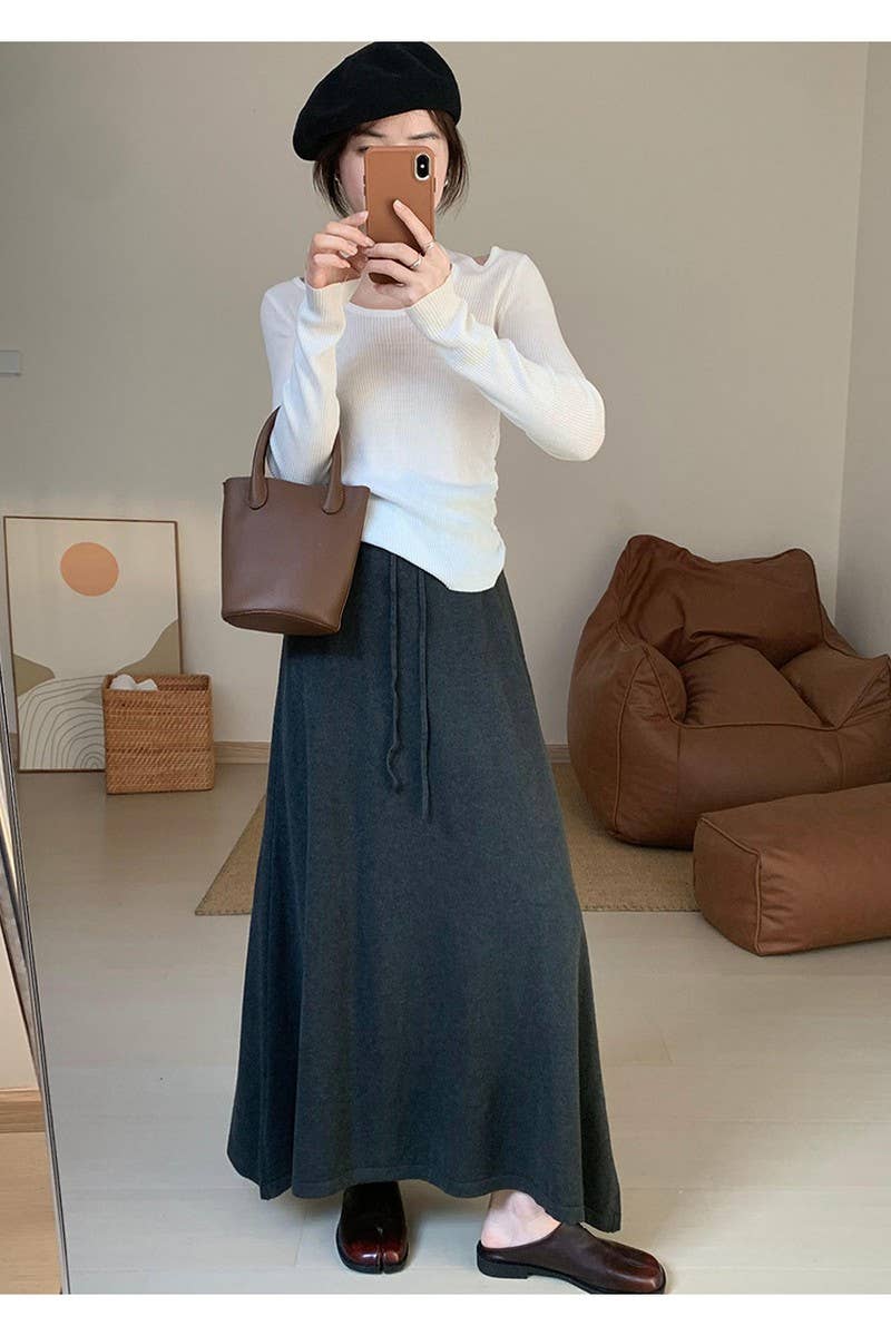 CWBLS0300_SOLID COLOR DRAWSTRING LONG KNIT SKIRT