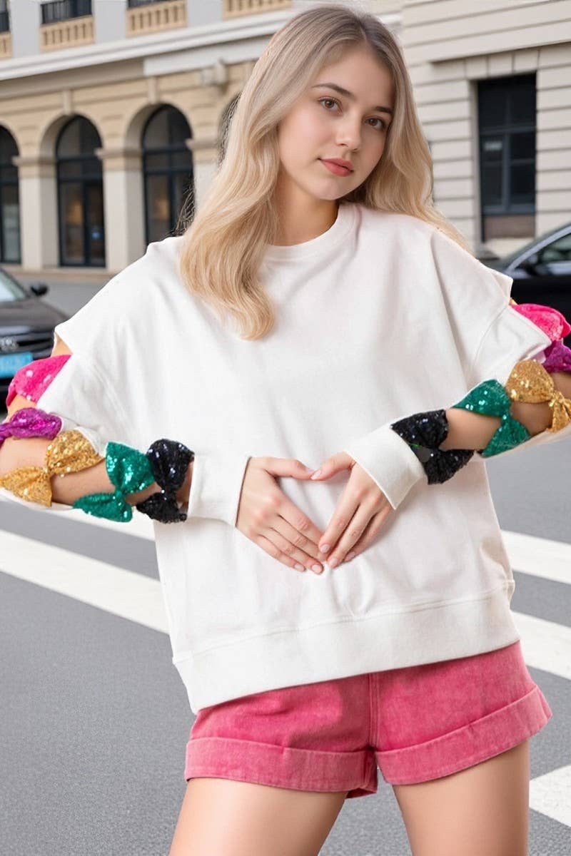 CWTBLL01279_BOW SEQUIN CASUAL LONG SLEEVE SWEATSHIRT