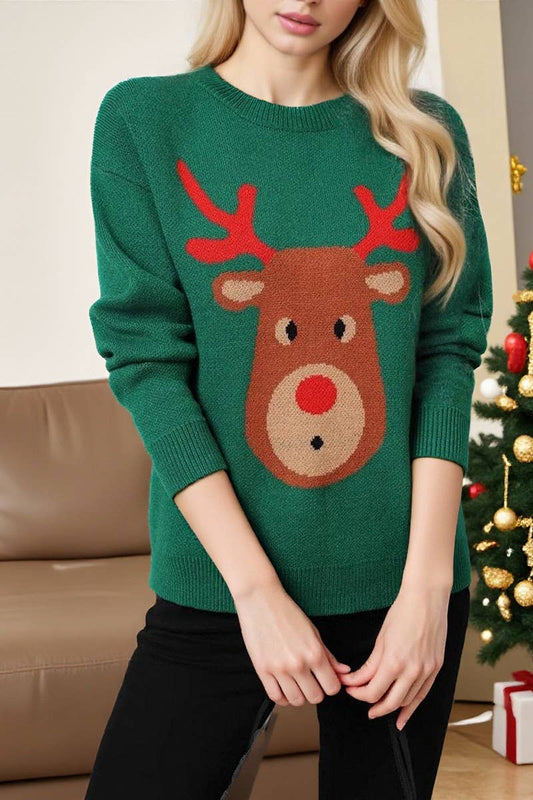 CWOSWL07582_CARTOON DEER JACQUARD CHRISTMAS SWEATER