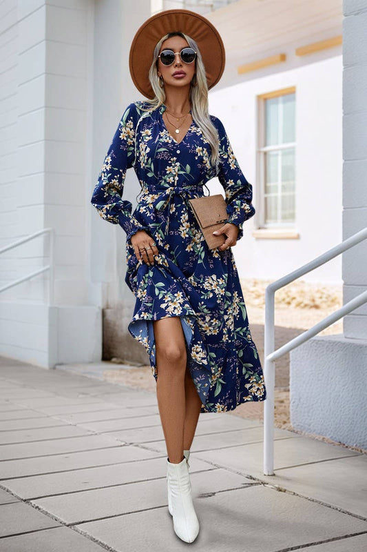 CWDMD01041_V-NECK LONG SLEEVE FLORAL PRINT DRESS