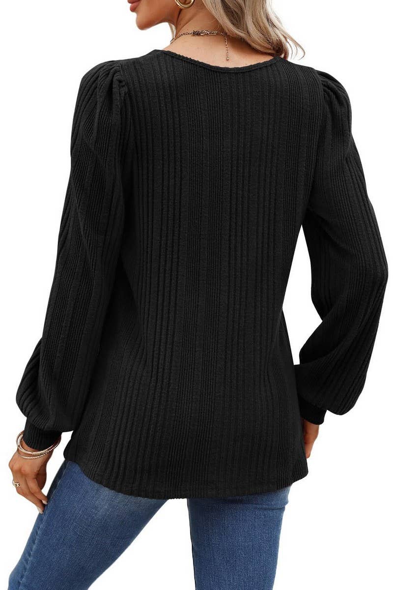CWTBLL01084_RIBBED SQUARE NECK CASUAL LONG SLEEVE TOP