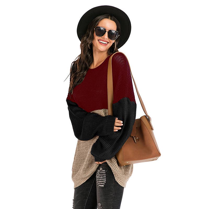 COLOR CONTRAST LOOSE SLIMMING CREW-NECK SWEATER