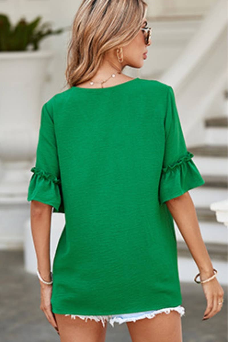 CWTBLS1391_SUMMER CASUAL V MID-SLEEVE COLLAR RUFFLED TOP