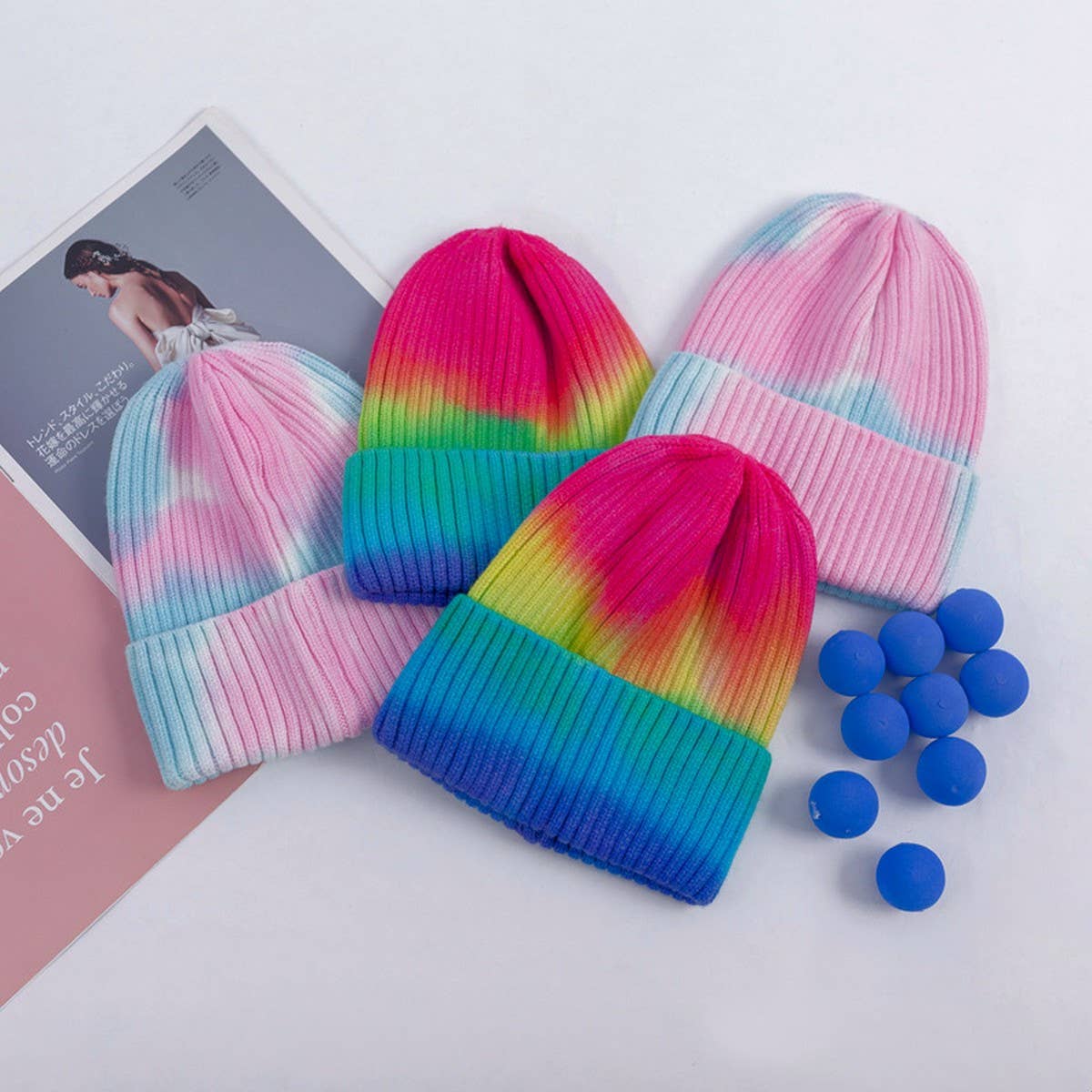 CWAH04356_RAINBOW TIE-DYE KNIT BEANIE HAT FOR WOMEN