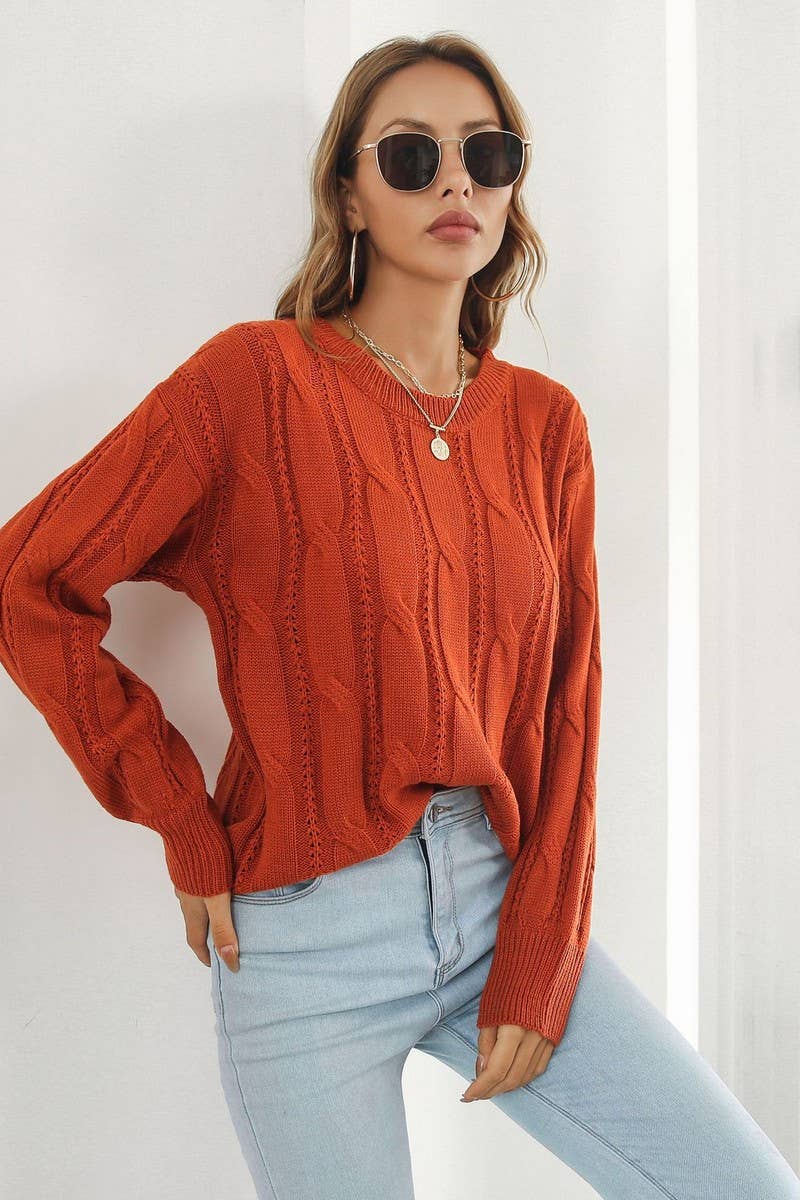 CWOSWL4083_CABLE KNITTED LONG SLEEVES CREWNECK SWEATER