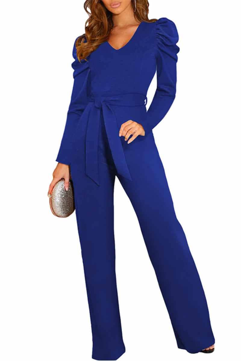 CWSJS1098_V-NECK LONG SLEEVED WAIST ONE-PIECE PANTS