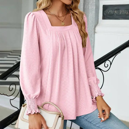 CWTBLL0194_WOMEN SQAURE NECK SHIRRED CUFF LONG SLEEVE BLOUSE
