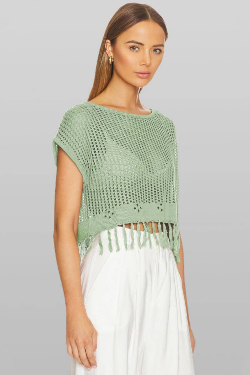CWTBLS0743_KNITTED CREW NECK SHORT SLEEVE BEACH FRINGE TOP