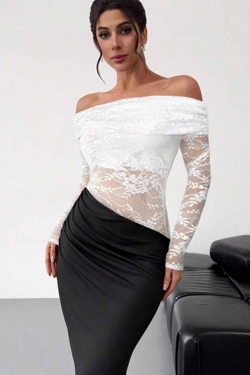 CWDMD01089_OFF SHOULDER LACE SHEER LONG SLEEVE BODYCON DRESS