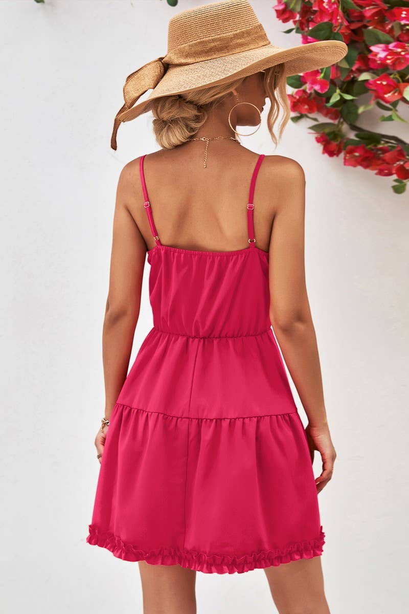 CWDSD4953_SOLID COLOR SUSPENDER RUFFLE DRESS