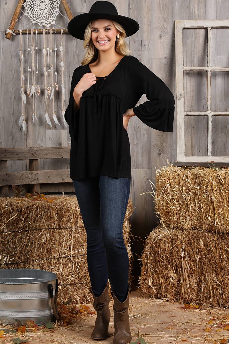 CWTTL1401-P_3/4 SLEEVE WITH NECK STRING DETAILED TOP