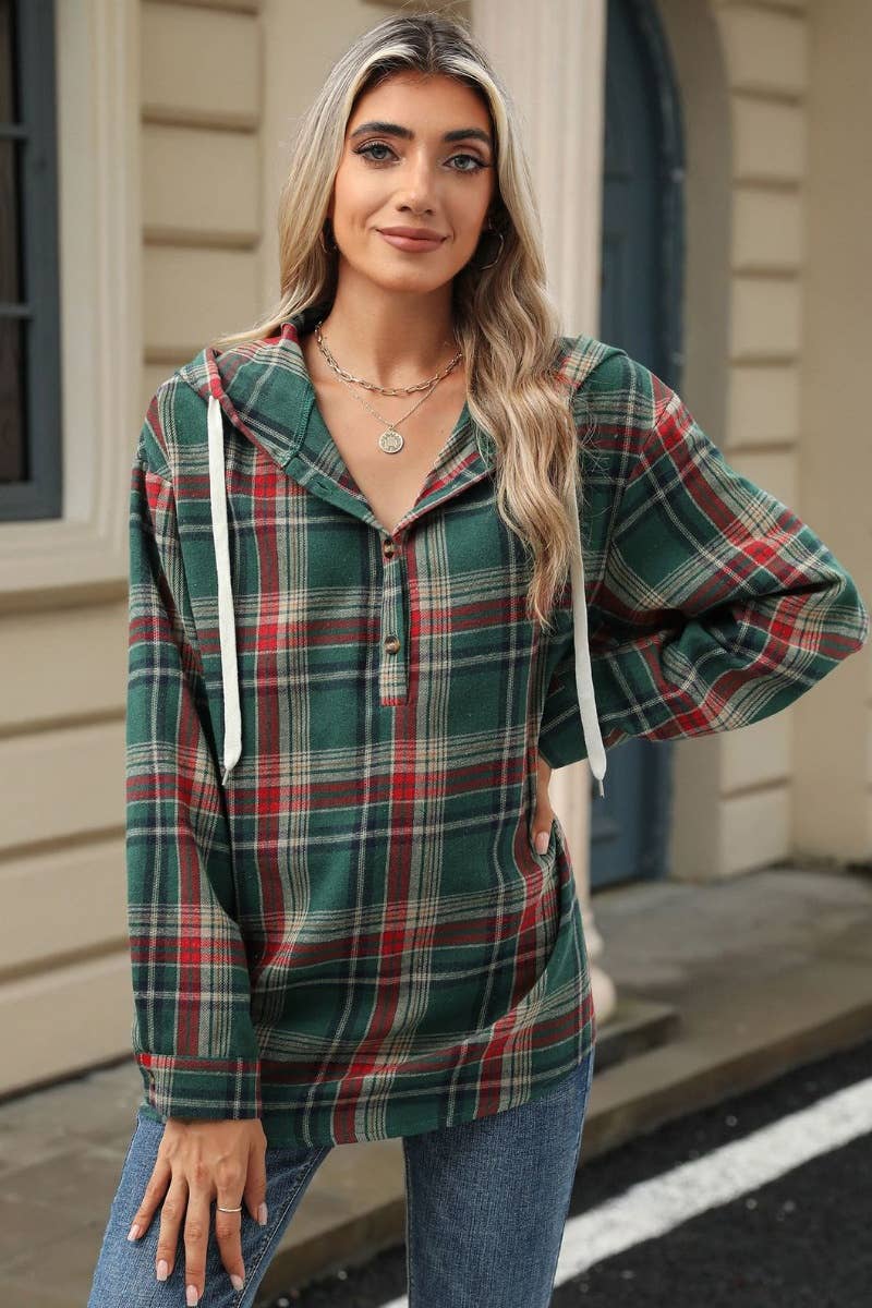 CWTBLL2873_LOOSE-CHECKED HOODED LONG-SLEEVED HOODIE