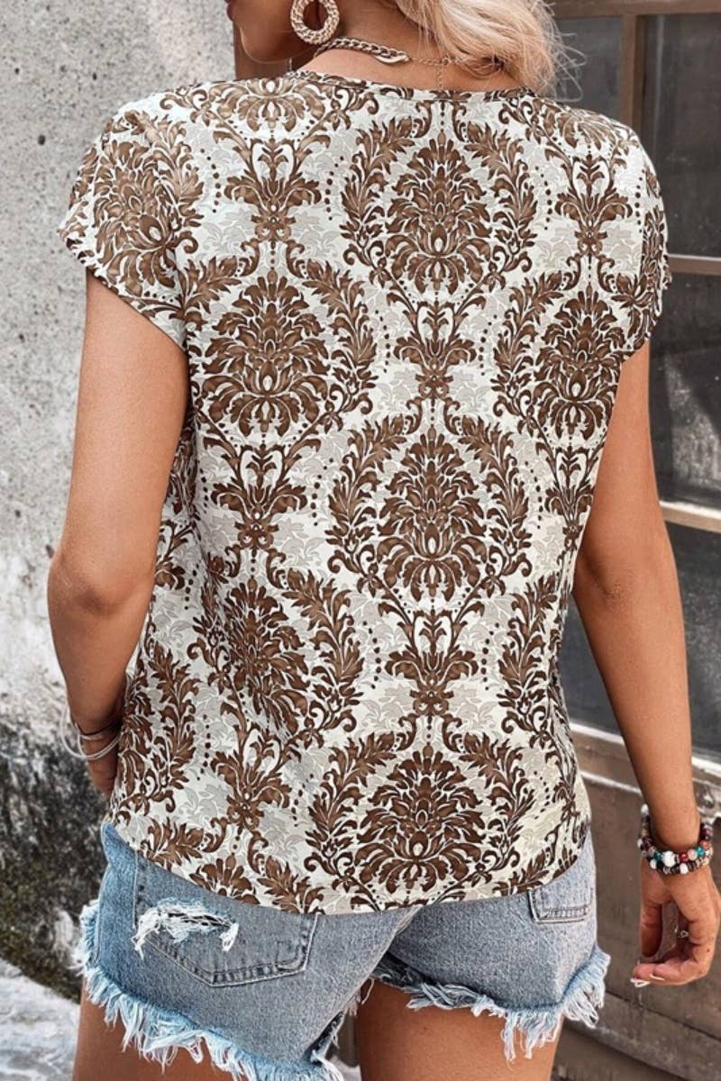 CWTBLS1131_SUMMER ALL-OVER PRINTED V-NECK BATSLEEVE TOP