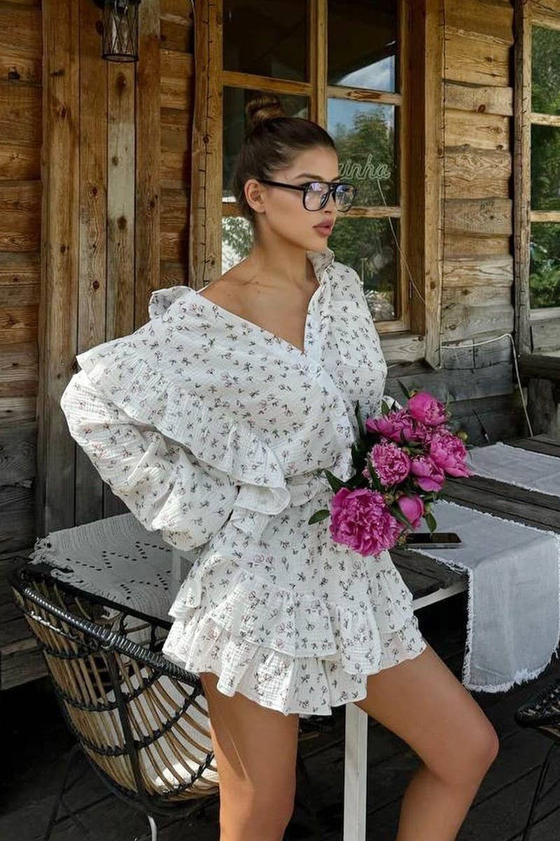 CWSTB1809_COTTON FLORAL RUFFLE SHIRT & SHORTS SET