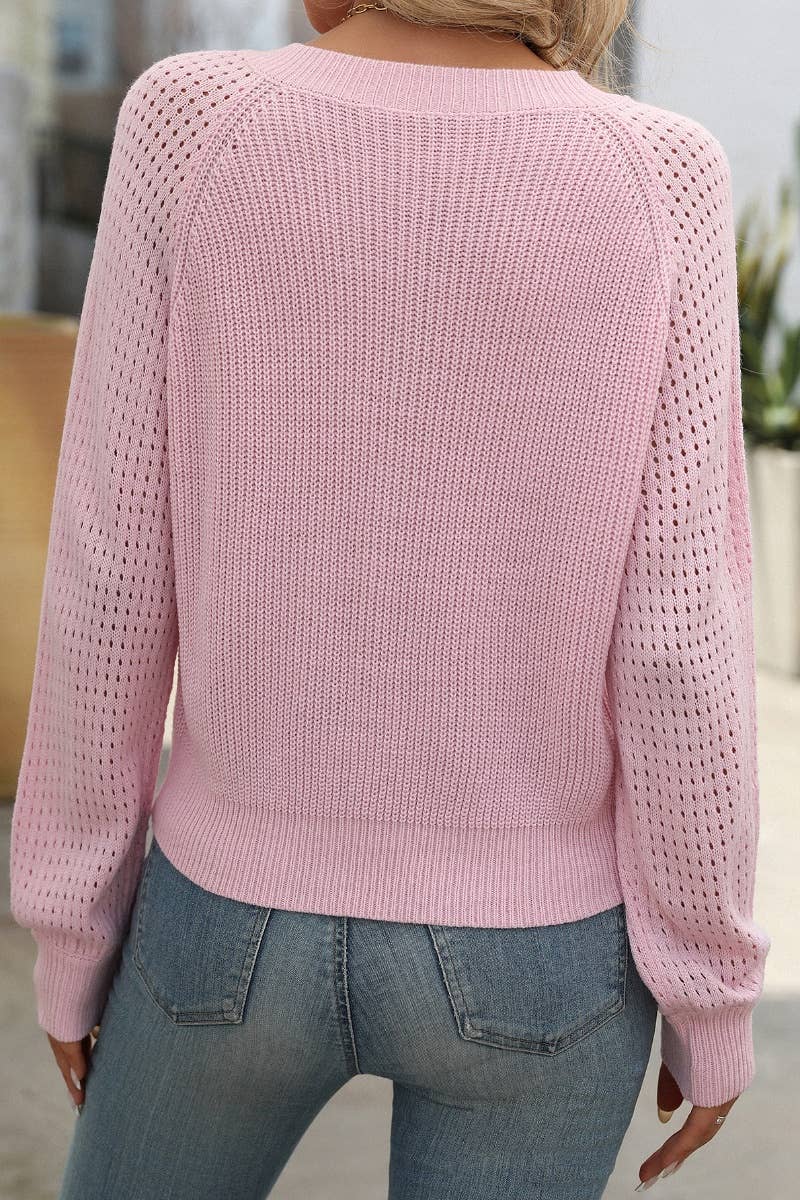 CWOSWL4629_STYLISH CUT-OUT V-NECK LONG-SLEEVED SWEATER