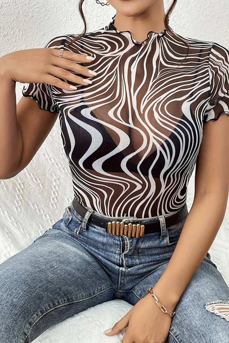CWTBLS1544_MESH PRINT STRIPED RUFFLED SHORT SLEEVE TOP