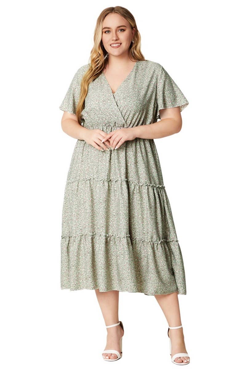 CWDMD3226_PLUS SIZE V NECK SHORT SLEEVE FLORAL DRESS