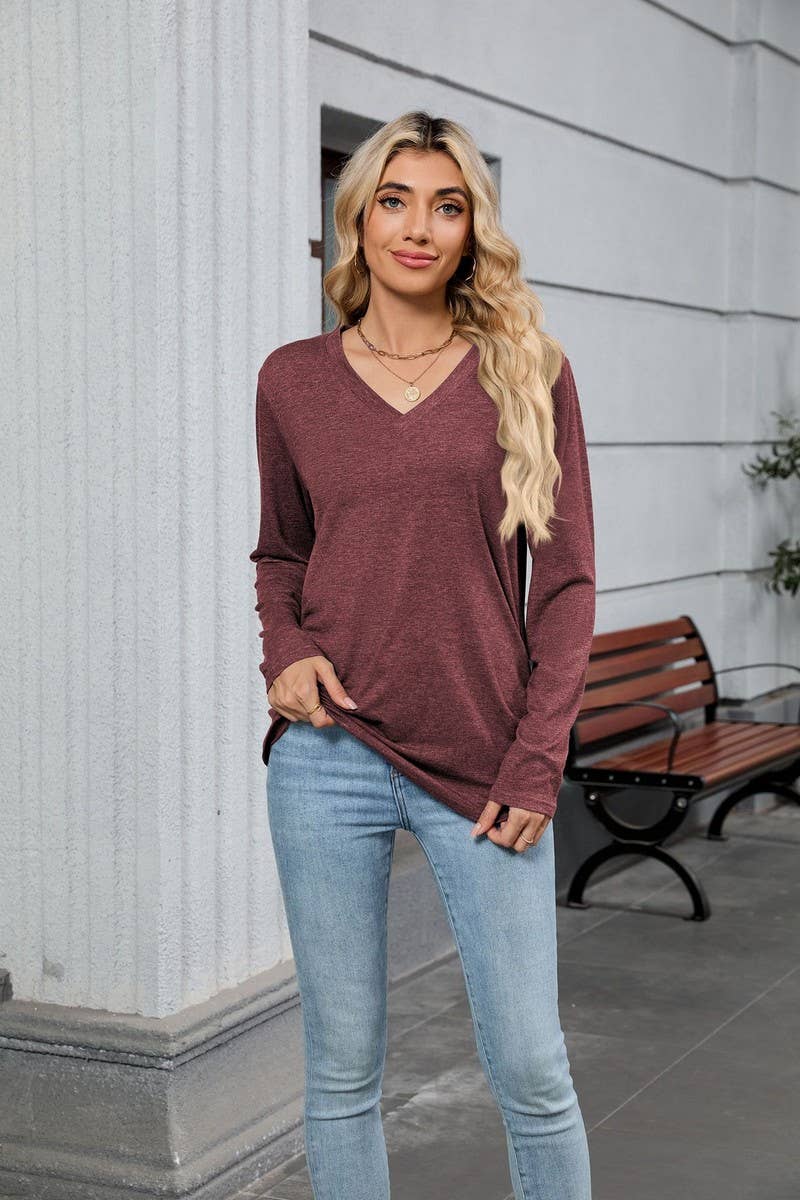 CWTTL00997_AUTUMN CASUAL V-NECK SOLID COLOR LOOSE T-SHIRT