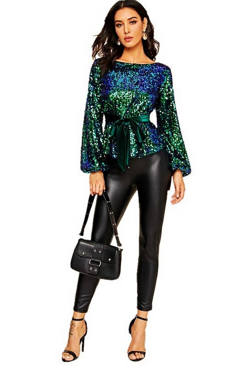CWTBLL3459_VELVET BELTED SEQUINED LONG SLEEVE PULLOVER