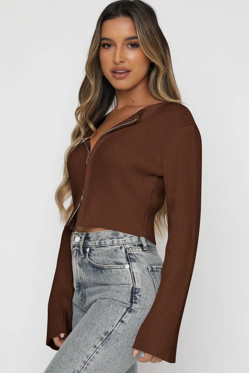 CWOCAL00613_SEXY SOLID LONG SLEEVE ZIP CARDIGAN