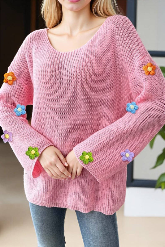 CWTTK00288_WOMEN OFF SHOULDER CROCHET FLOWER KNIT SWEATER