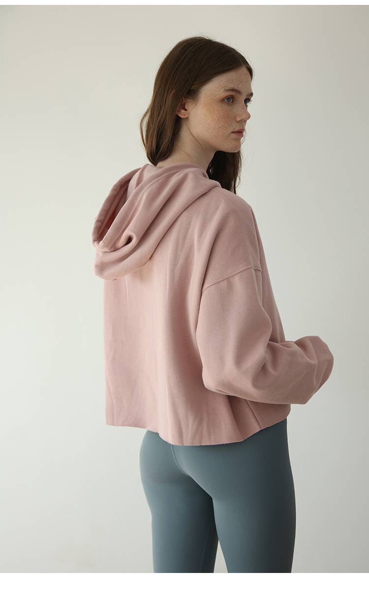 Fleece solid color sporty hooded sweatshirt
