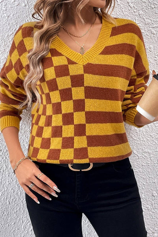 CWOSWL2692_V-NECK CASUAL STRIPED PLAID KNITTED TOP