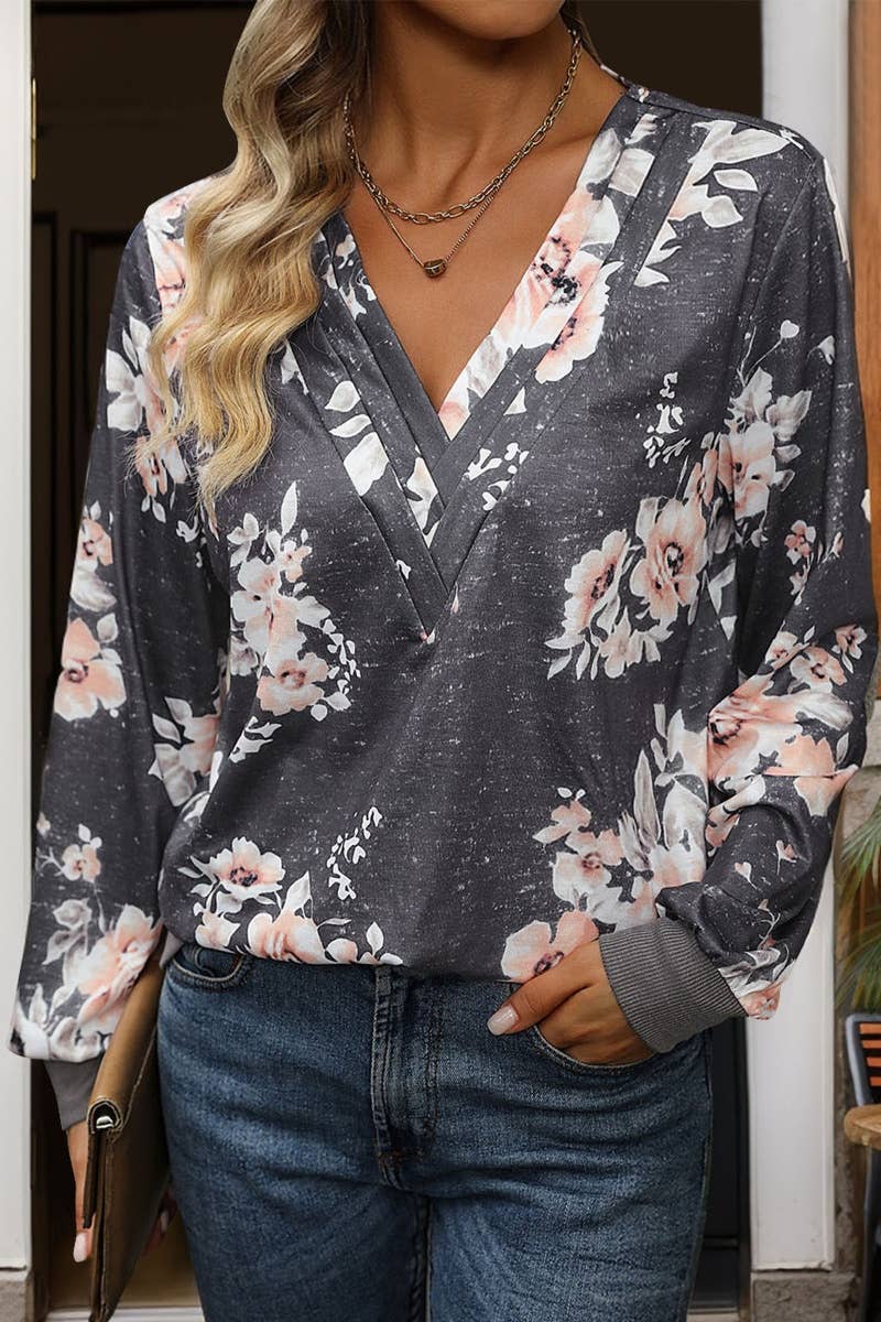 CWTBLL2875_V-NECK FLORAL PRINT LONG SLEEVE BASE TOP