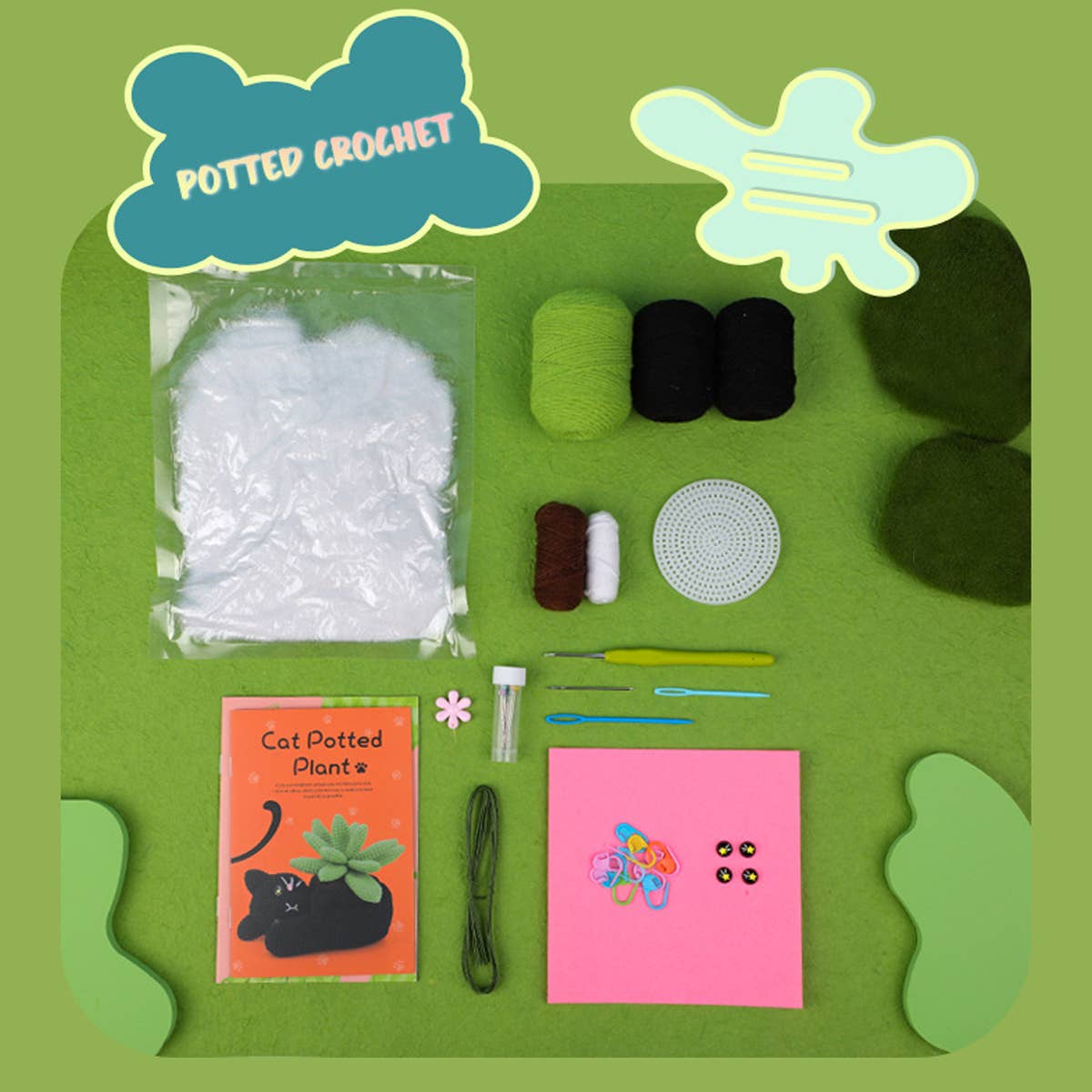 CAT POT PLANT CROCHET NEEDLE MATERIAL PACK_CWMM0817